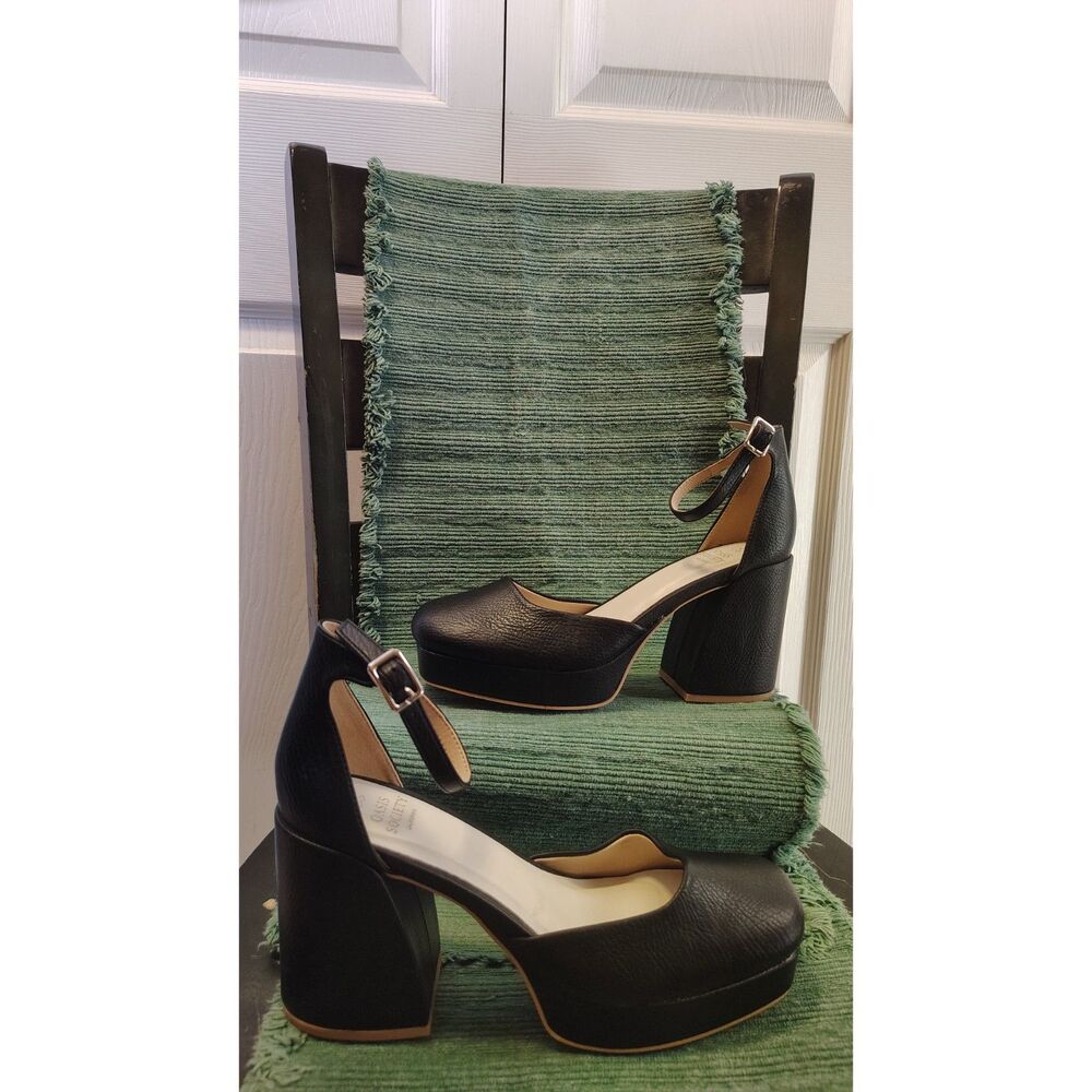 Oasis Society Black Vegan Leather Platform Chunky Mary Jane Heels Size 8.5